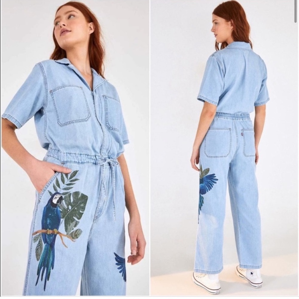 LEVIS x FARM RIO denim utility jumpsuit with blue macaw